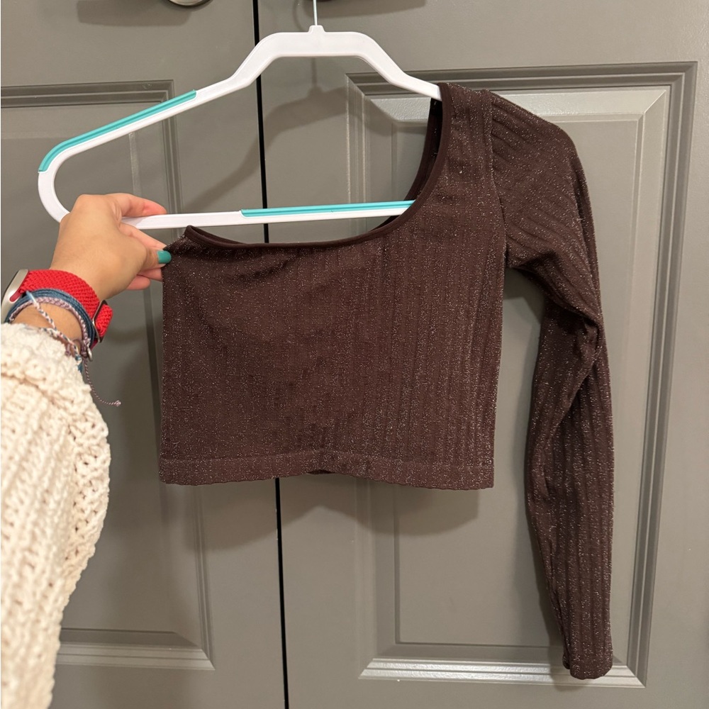 Brown Glittery One-Shoulder Crop Top